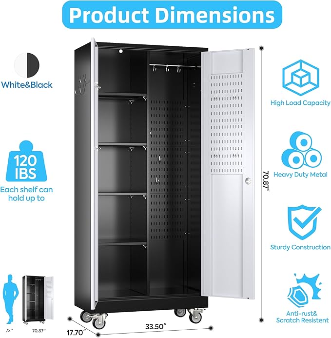 Metal Broom Closet Storage Cabinet with Hanging Rod, 71" H Garage Storage Cabinet with Wheels and Pegboard & 13 Hooks for Garage, Home, Black and White, Assembly Required