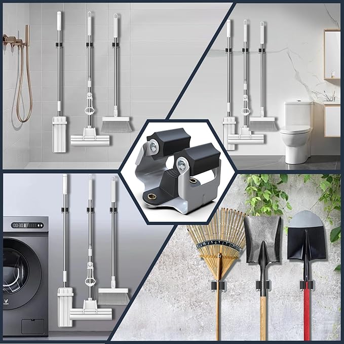 3-H 12 Pack Mop and Broom Holder Big Size Hanging 1 KG Extra,Broom Hanger Wall Mount for Hanging and Organizing Shove Rake Yard Tools in Shed Kitchen Laundry Room Bathroom Garden(Black)