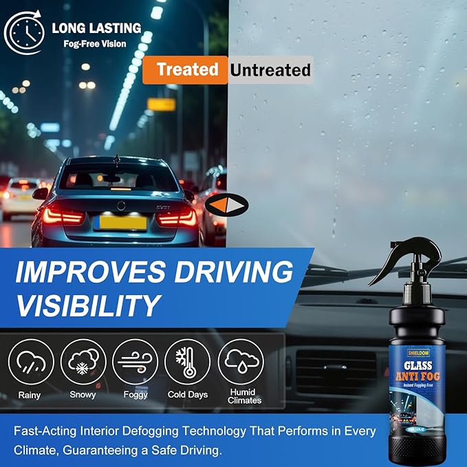SHIELDOM Anti-Fog Spray for Glass Car Windshield Defogger Prevents Fogging of Interior Glass, Mirrors, Windows, Visors, Glasses, Goggles, Shower Door with Defogging & Cleaning Sponge, Towel 4oz/120ml