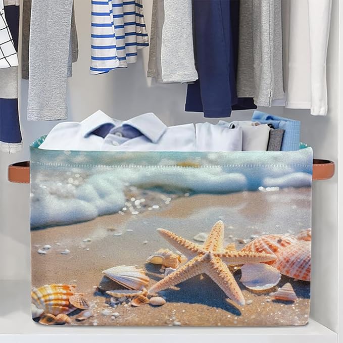 Ocean Starfish Seashell Storage Basket for Shelves, Storage Bins with Handles, Collapsible Basket for Organizing, Closet Toy Baskets for Nursery Room, 15x11x9.5 in, Canvas, Sea Beach