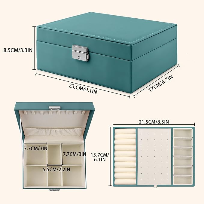 Homeanda Jewelry box 2 layer Jewelry box Leather Jewelry boxes for Women Girls Teens Jewelry organizer box Jewelry Storage box with lock(Green)