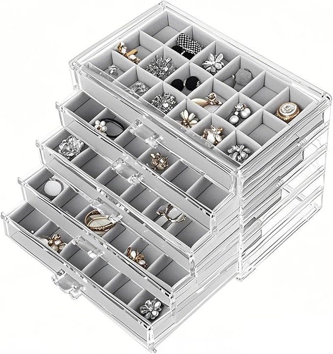 SPAKOWN Earring Organizer, Acrylic Jewelry Box with 5 Drawers, Clear Velvet Earring Storage Display Case with 90 Compartments for Women Girls (Grey)
