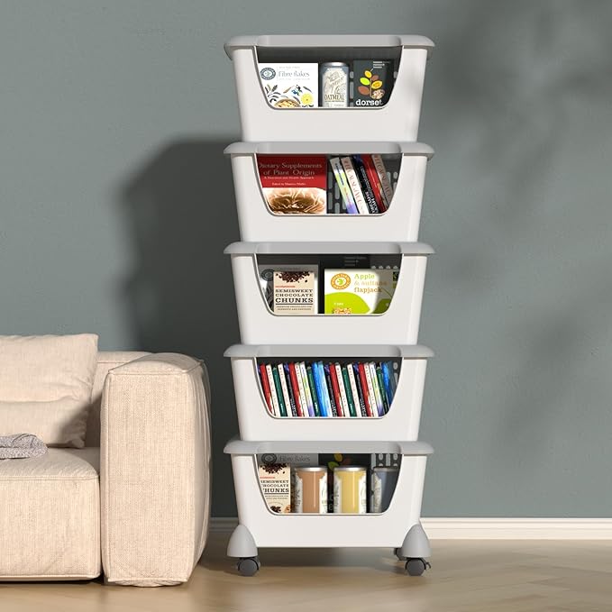 5 Pack Plastic Stackable Storage Bins for Pantry, Open Stacking Storage Basket with Wheels, Gray