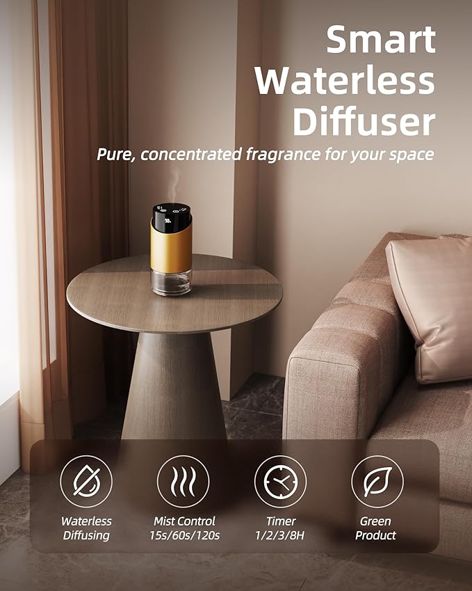 Waterless Essential Oil Diffuser Aromatherapy Scent Diffusers for Home Large Room, Bedroom, Car, Office, Battery Operated Mini Portable Air Freshener, 3 Countdown Timers & 3 Mist Levels