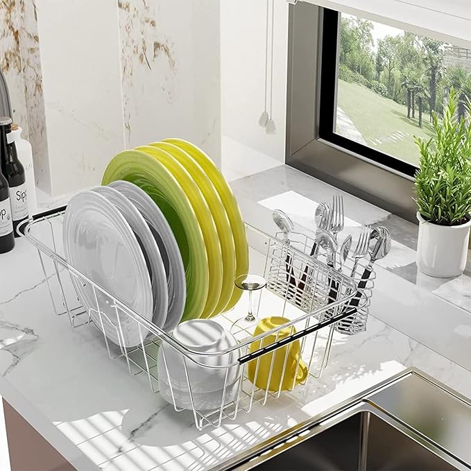 BTLATHA Sink Dish Drainer Rack, Expandable 304 Stainless Steel Dish Drying Rack Organizer with Stainless Steel Utensil Rack, Adjustable 15.35" to 20.47" Inside The Sink (up to 13 Upright Utensils).