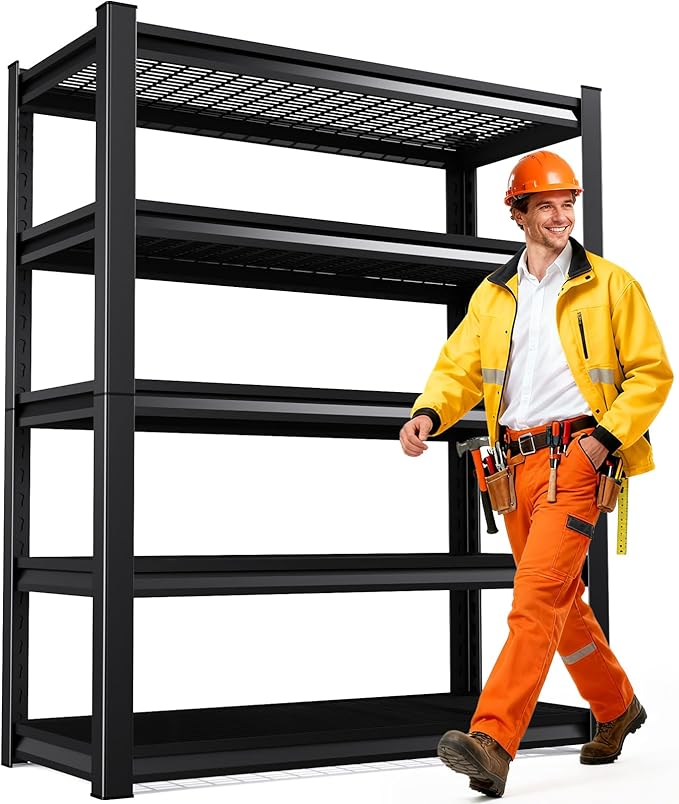 5-Tier 72”H Garage Shelving, Adjustable Garage Shelves, 3000 Lbs Storage Shelves Heavy Duty, Garage Shelf for Tool Organization, Storage Shelves for Basement, Warehouse, Black (72''H×45.7''W×19.8''D)