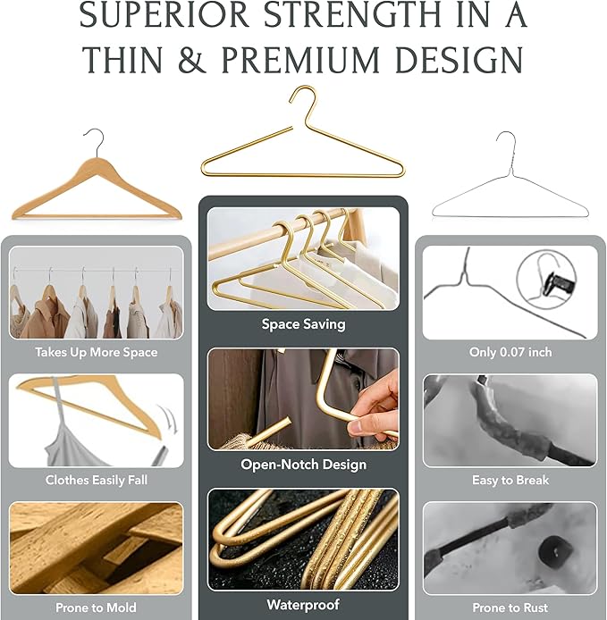 Gold Hangers for Clothes - 17-Inch Matte Gold Metal Hangers for Coats, Jackets, Shirts, Pants, Clothing - Thick, Heavy-Duty Aluminum - Luxury Aesthetic for Closet or Boutique - 5-Pack