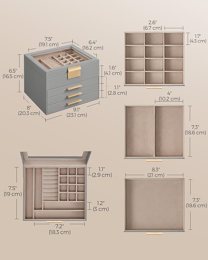 SONGMICS Jewelry Box Organizer with Glass Lid, 4-Layer Jewelry Storage, with 3 Drawers, Modern Style, 8 x 9.1 x 6.5 Inches, Dove Gray and Gold Color UJBC173G01