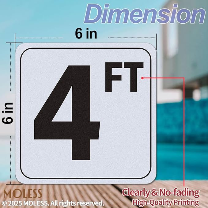 4FT Pool Depth Marker Stickers – 6x6″ Anti-Slip Vinyl Tile Stickers for Swimming Pool Safety Signs, Adhesive Pool Depth Markers for Decks, 4 FT (1 Pack)