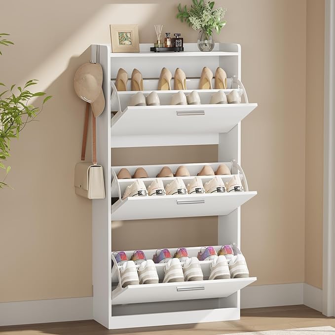 Shoe Cabinet Organizer with 3 Flip Drawers & 3-Tier Adjustable Shelves, Freestanding Shoe Rack Cabinet, Narrow Shoe Storage for Entryway, Foyer, Hallway, White, 23.6" W × 9.4" D × 47.2" H