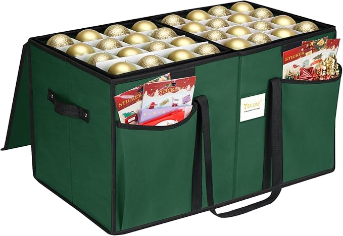 BALEINE Christmas Ornament Storage Box with Dividers, Premium Holiday Ornaments Storage Container Bin for Xmas Decorations (128 Ball, Green, Without Tray)