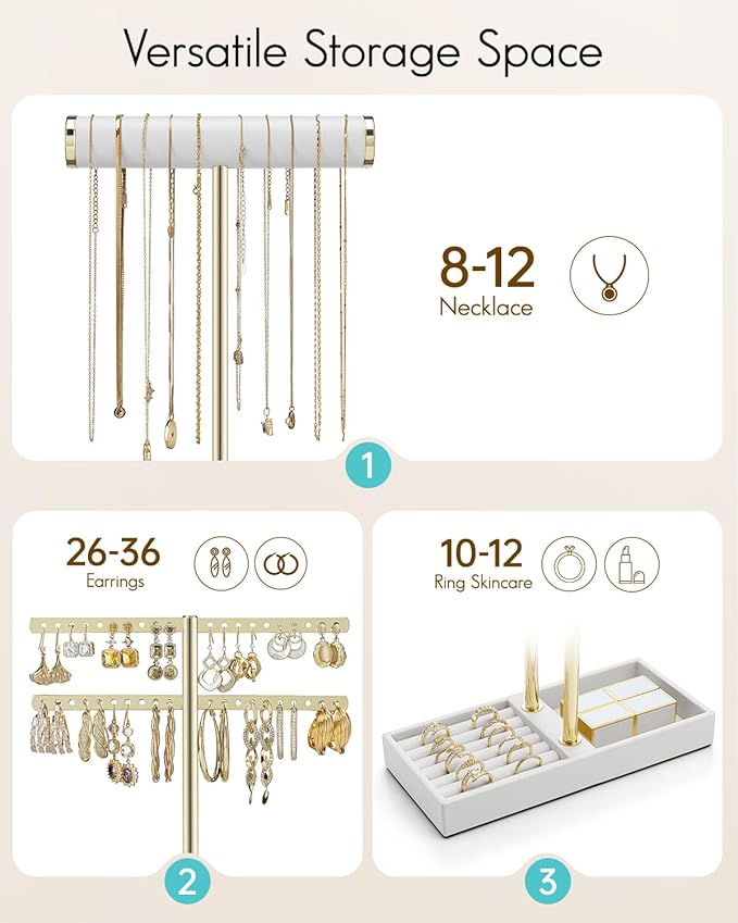 Vlando 2 Tier Necklace Holder Organizer with Tray, Leather Bracelet Holder Display for Women, Gold Jewelry Holder Stand for Bracelet, Necklace, Earrings, Rings - White