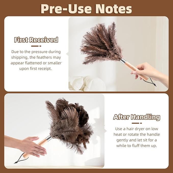 Nicemiya 2 Pack Ostrich Feather Dusters with Wooden Handle, 13.5 inch Natural Fluffy Feather Dusters for Dusting Home, Car, Delicate Surfaces, Reusable Soft Cleaning Tools for Ledges, Blinds