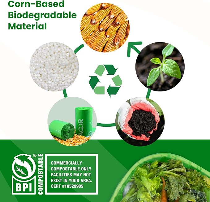 TERRACOR 1.6 Gallon Compostable Food Scrap Bags Handle Tie for Kitchen Countertop Bin, 6 Liter Small Compost Bags, 50 Count, BPI Certified and Meet The ASTM D6400 Standard