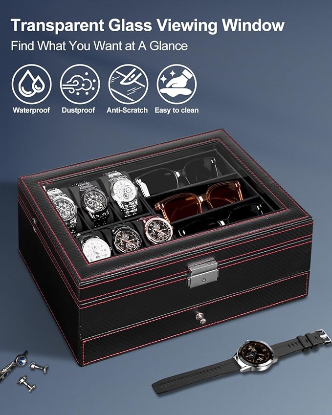 Jenseits Watch Box for Mens Jewelry Box, 6 Slot Watch Case & 3 Slot Sunglasses Organizer, Lockable PU Leather Jewelry Organizer Watch Display Storage W/Drawer For Rings Bracelets, Gift for Men Women