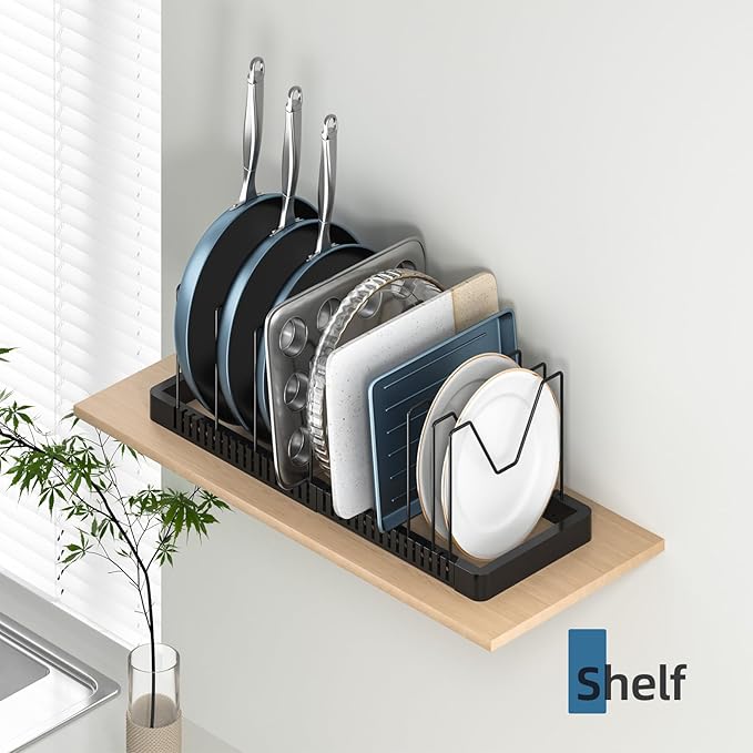 PanPanPal Pots and Pans Organizer under Cabinet, Expandable Pot Lid Organizer Holder with 10 Adjustable Compartment, Pan Organizers inside Cabinet for Lids, Bakeware, Kitchen Storage Pot Rack, Black