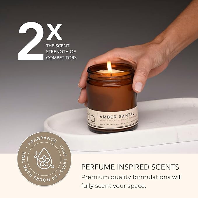 Bia Candle Co Soy Blend Candle, Vanilla & Sandalwood with Sweet Orange – Long-Lasting Clean Burn, Lead-Free Wick, Brown Glass Jar with Gold Lid – Amber Santal, 7 oz