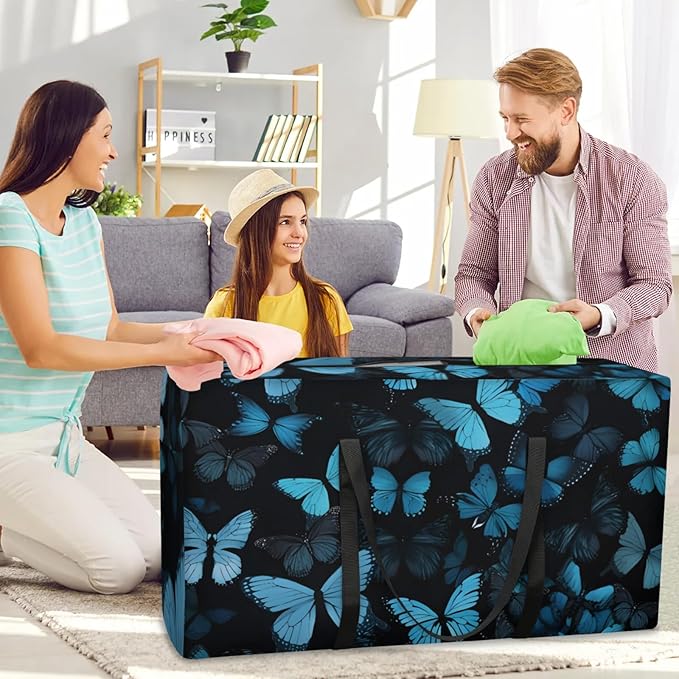 Extra Large Storage Bag with Zipper 54 Gallon Moving Bags Heavy Duty Christmas Tree Storage Bag Packing Bags for Moving, Storage Totes Duffle Bag Waterproof Containers for Organizing (Blue Butterfly)