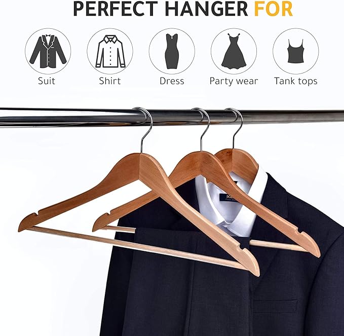 Quality Wooden Hangers - Slightly Curved Hanger 30-Pack Sets - Solid Wood Coat Hangers with Stylish Chrome Hooks - Heavy-Duty Clothes, Jacket, Shirt, Pants, Suit Hangers (Natural, 30), 17.5 inch