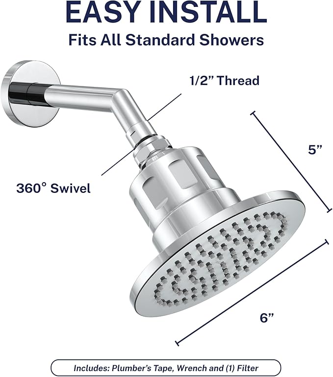 Gillian™ by HammerHead High Pressure Shower Head with Filter – Genuine KDF-55 Metal Hard Water Filtering Shower Head, Healthier Skin & Hair – 6-Inch Rainfall Shower Head with Filters, Chrome