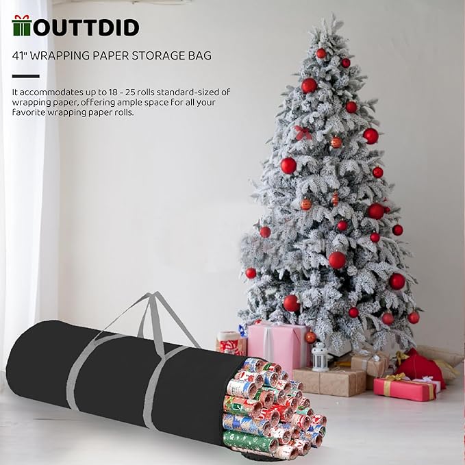OUTTDID Christmas Wrapping Paper Organizer Storage, 41" Gift Wrapping Paper Storage Containers, 600D Oxford Fabric Gift Wrap Paper Holder Fits 18-25 Rolls, with Handles and Zippered, Black