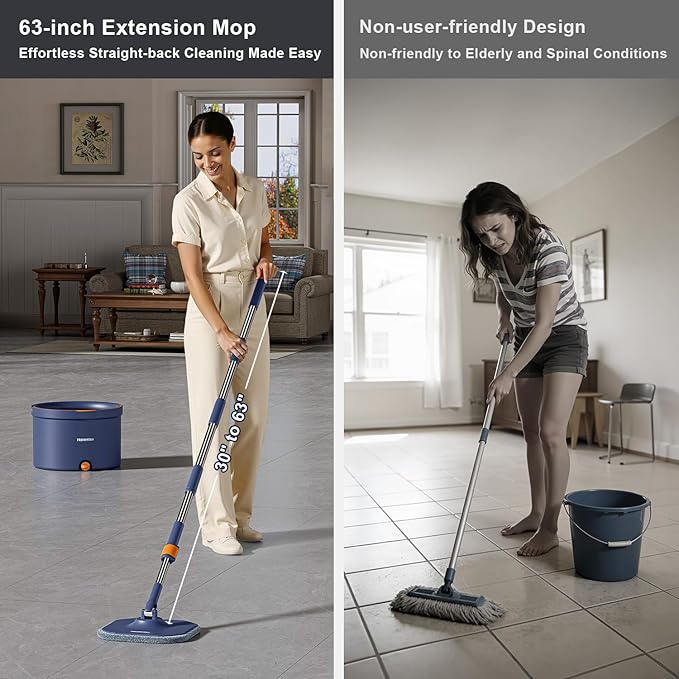 HoMettler Spin Mop and Bucket Set, Mop Bucket with Separate Dirty Water System, Deep-Cleaning Mops for Floors/Wall, Versatile Mops with 4 Microfiber Mop Pads