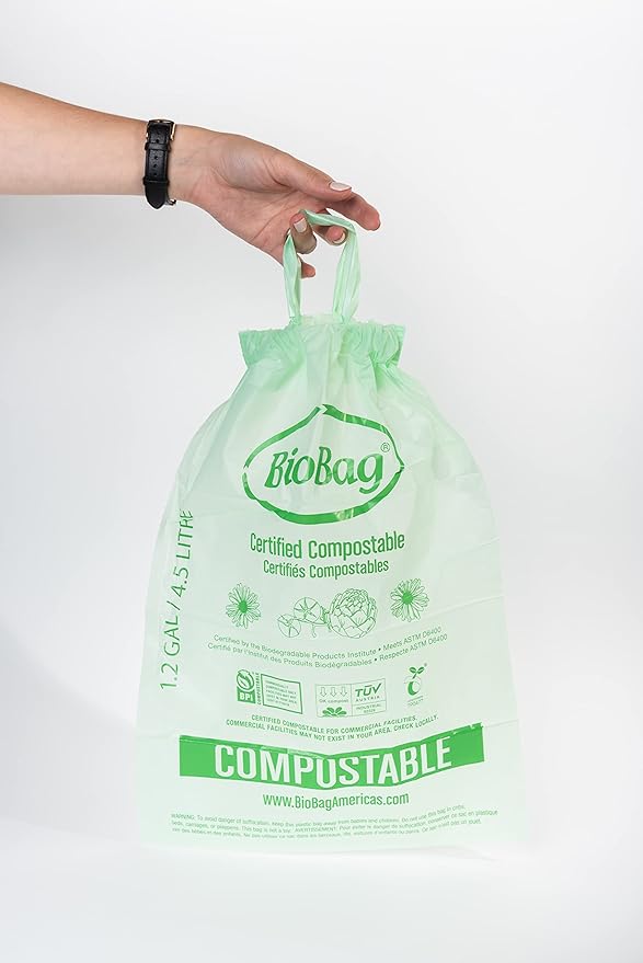 1.2 Gallon Compostable Drawstring Food Scrap Bags by BioBag, 80 Count, BPI Certified, Meets ASTM D6400 Standards, Made in USA, Kitchen Counter Bin Liners