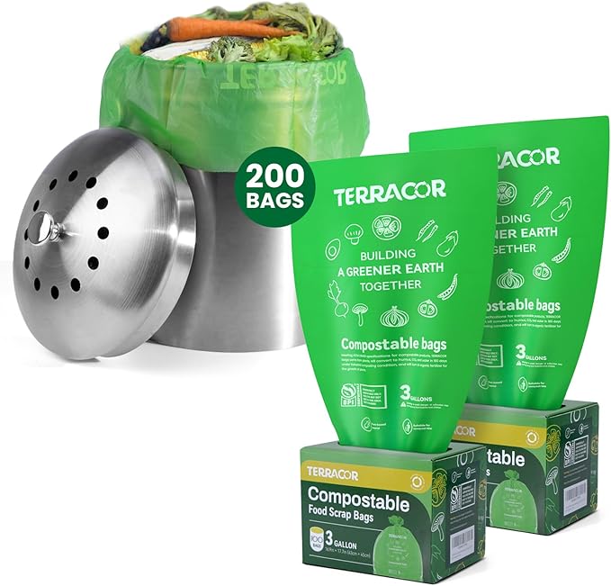 TERRACOR 3 Gallon Compostable Trash Bags, Compost Bags for Countertop Bin, 200 Count (Pack of 2) BPI Certified and Meet The ASTM D6400 Standard