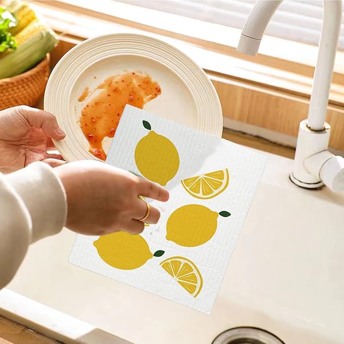 LARTSFRO Swedish Dishcloths for Kitchen, Papaya Reusable Paper Towels Washable, Lemon Summer Swedish DishCloths for Friut, 4 Pack Dish Towels for Kitchen, No Odor Cleaning Cloths