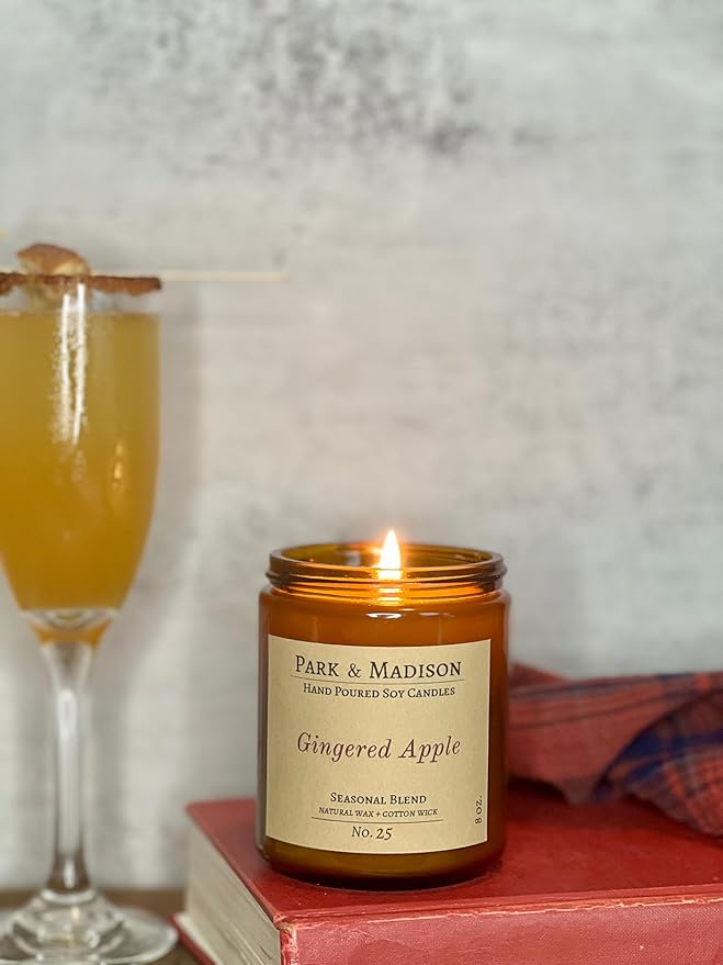 Park & Madison Gingered Apples Soy Candle - Apples Mimosa Scented Candle | Hand-Poured Amber Jar Candle with Black Lid | Fruit Scented Fall Candle | Eco-Friendly, Phthalate-Free, Non-Toxic (4 oz)