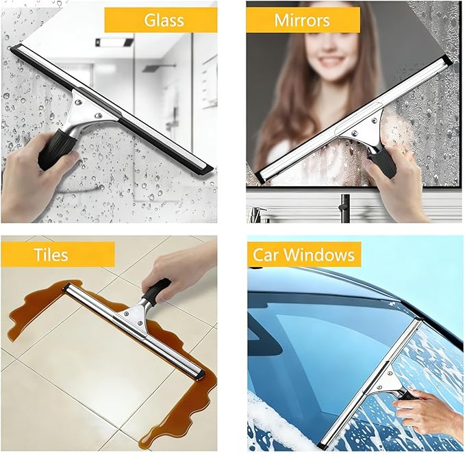 MRDARENSU 14-inch Squeegee for Shower Glass & Window Cleaning, Professional Stainless Steel Squeegee with Durable Handle for Streak-Free Glass, Mirror, Tile & All Smooth Surfaces