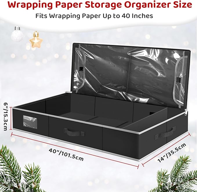 BlessedSeason Wrapping Paper Storage Organizer for 40 Inch Christmas Gifts Wrapping Paper, 2 Visible Supplies Pockets for Holiday Accessories, Christmas Decoration Storage Containers, Black