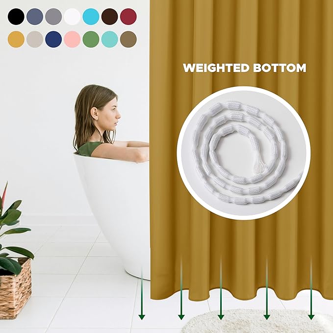 Biscaynebay Hotel Quality Fabric Shower Curtain Liner 72 Inch by 72 Inch, Gold Water Resistant Bathroom Curtains Rust Resistant Grommets & Weighted Bottom Hem Machine Washable