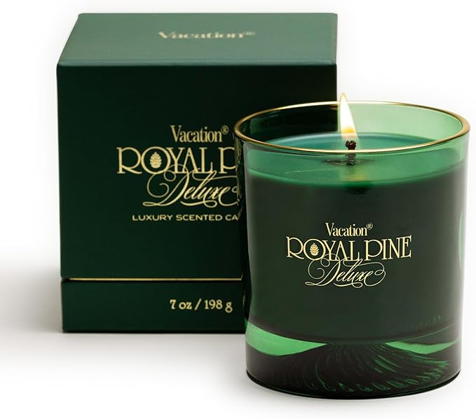 Royal Pine Deluxe Pine-Scented Candle by Vacation Sunscreen, Premium Soy-Blend Wax, 70-Hour Long Burning, Winter House Decor, Gift for Women & Men, 7 Oz.