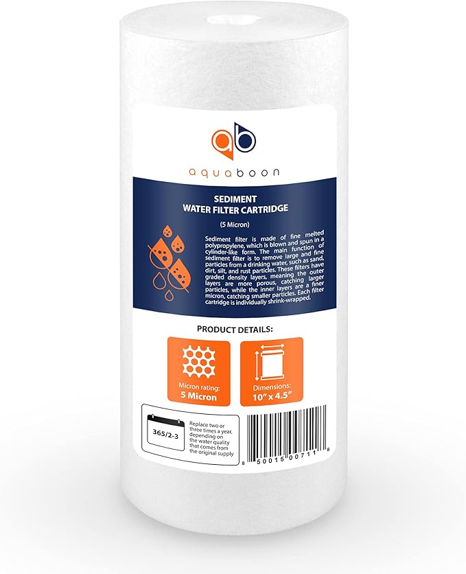Aquaboon 5 Micron 10 x 4.5 Well Water Sediment Filter Replacement Whole House Water Filter Cartridge Compatible with DGD-5005, WFHD13001B, 2-Pack