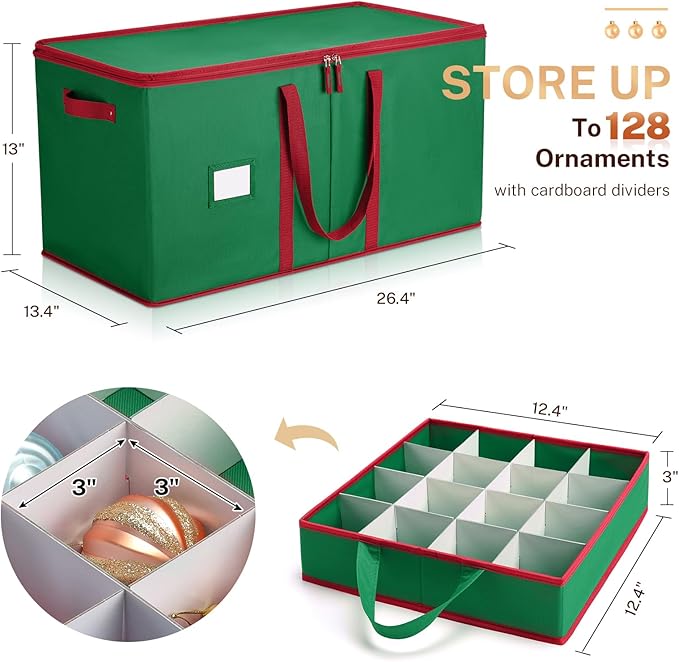 MaidMAX Christmas Ornament Storage Box Holiday Decoration Organizer, 128 Christmas Ball Accessories Holder with Adjustable Dividers, 8 Removable Trays, 600D Oxford, Zippered Closure (Green)