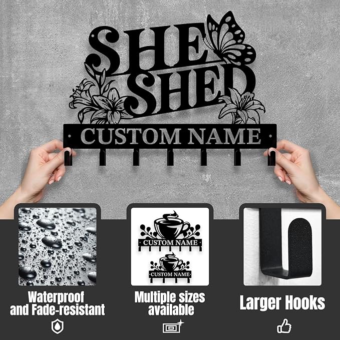 Personalized She Shed Metal Keys Hooks,Custom Name Metal She Shed Keys Hooks,Black Metal She Shed Wall Home Storage Decorative Keys Hooks,Key Holder Hooks for Wall (Style B)