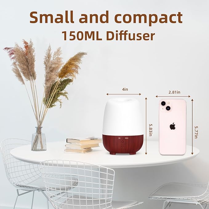 150ML Cordless Essential Oil Diffuser, Rechargeable Battery-Operated Quiet Aromatherapy Diffuser with 7-Hour Runtime,2 Timer Settings & 7-Color LED Light for Bathroom,Bedroom,Living,Room