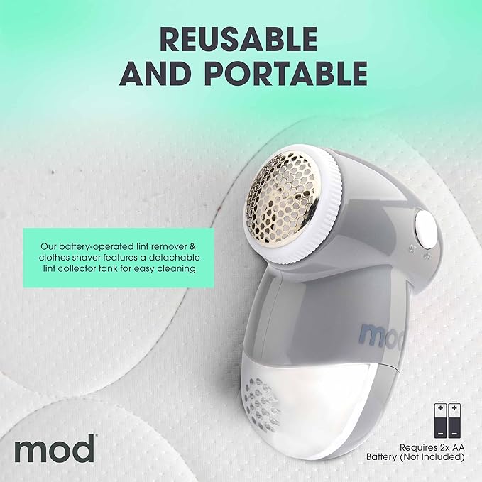 MOD 2 Pack Portable Fabric Shaver and Lint Remover, Reusable Pet Hair Remover, Lint Roller for Clothes, Sweater Shaver, Couch, Blankets with Detachable Lint Collector Tank, Battery Operated, Grey