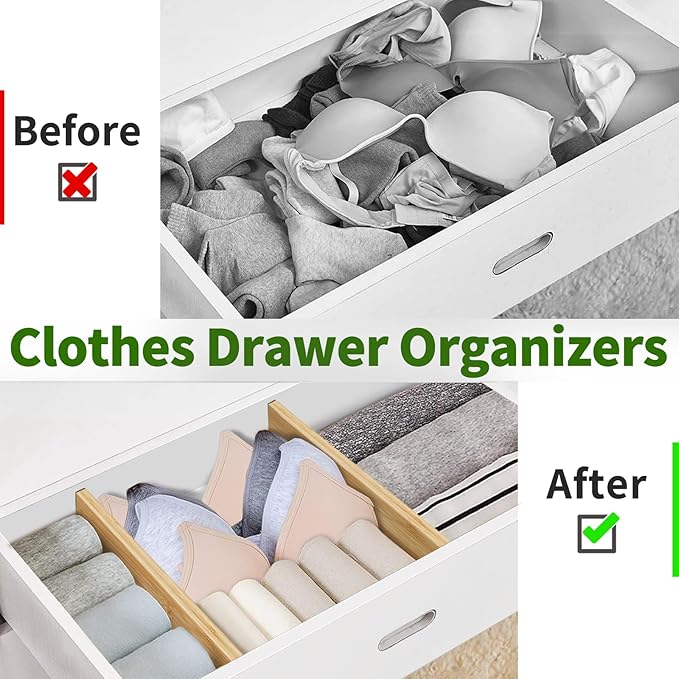 Aubeco Bamboo Drawer Organizers 4 Pack, 17-22" Adjustable Spring Loaded Dividers for Kitchen Utensils, Silverware, Clothes, Dresser, Bathroom and Office Storage