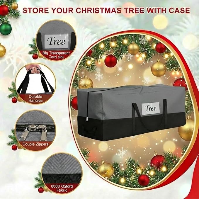 Christmas Tree Storage Bag, Fits Up 8 Ft Tall Artificial Trees-Heavy Duty Holiday Storage Box with Durable Reinforced Handles & Zipper & Transparent Pocket- 600D Oxford Tree Storage Container, Gray