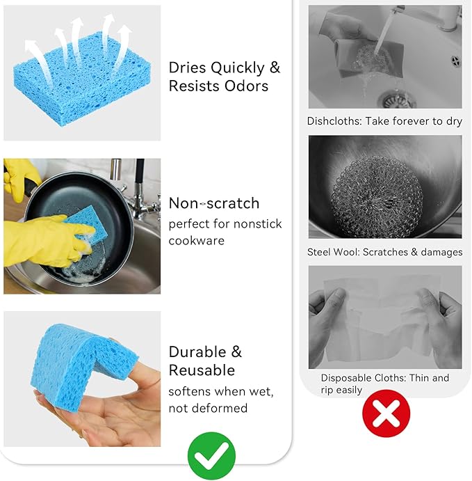 Mkobon 6 Pcs Kitchen Sponges for Dishes Cleaning, Non Scratch for Non Stick Cookware, Compressed Natural Cellulose Sponges, Dish Washing Scrubbers, Scrubbing Pads for Household, Bathroom (Blue)