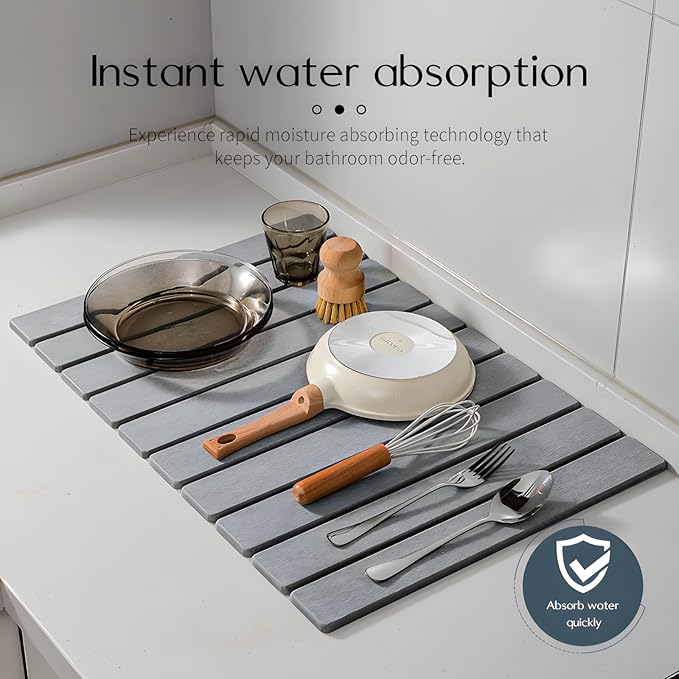 Large Stone Dish Drying Mat for Kitchen Counter,Absorbent Diatomaceous Earth Bath Mat Instant Drying Pad Foldable and Super Absorbent Mat for Dishes Cups Bottles,Grey 23*15.3in