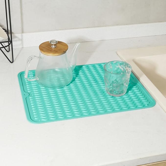 MicoYang Silicone Dish Drying Mat for Multiple Usage,Easy clean,Eco-friendly,Heat-resistant Silicone Mat for Kitchen Counter or Sink,Refrigerator or drawer liner Mint L 16 inches x 12 inches