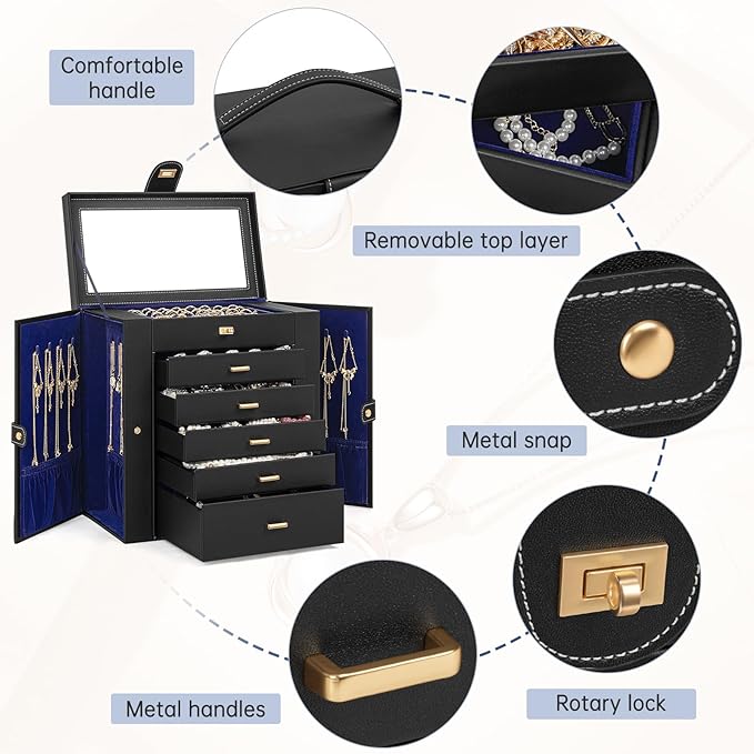 AKOZLIN Huge Jewelry Box Organizer Functional Large Leather Jewelry Storage Case for Women Girls Ring Necklace Earring Bracelet Holder Organizer with Mirror