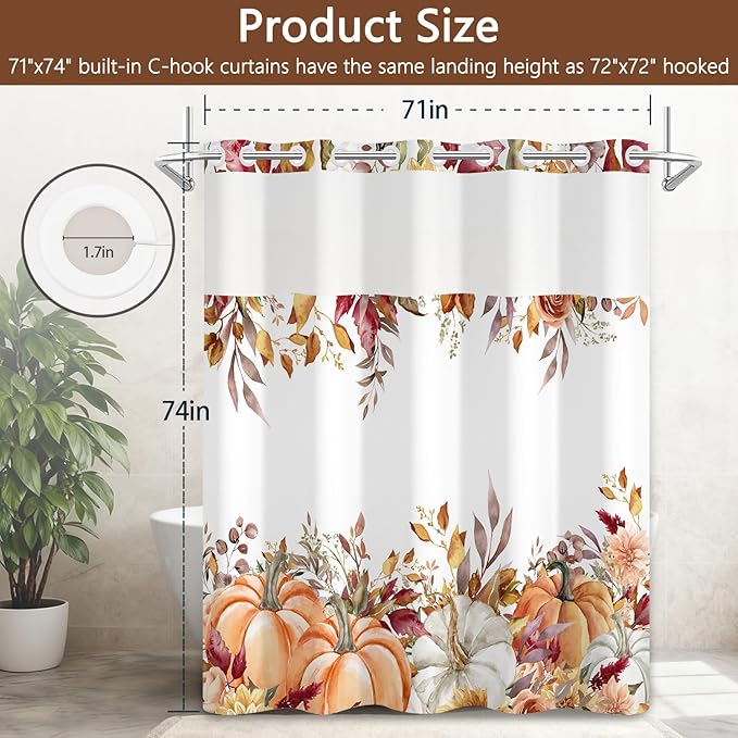 Fall Pumpkin No Hook Shower Curtain and Liner Set, Watercolor Orange Double Layers Waterproof Fabric Shower Curtain, Autumn Pumpkins with Eucalyptus Leaves Farmhouse Bathroom Curtains, 71x74 Inch