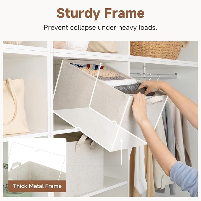 StorageWorks Storage Bins, Shelves Baskets for Organizing, 45L Extra Large Fabric Closet Organizers with Handles, Metal Frame, Beige?Cotton-linen?, 2-Pack