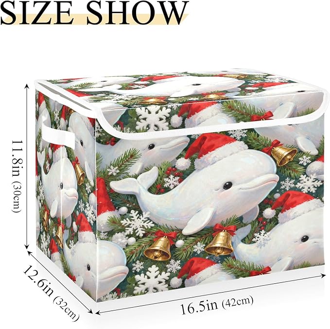 Christmas Dolphin Pattern Storage Bins with Lids Foldable Storage Basket with Handles Collapsible Large Fabric Organizer Containers for Clothes Shelves Closet Office Home