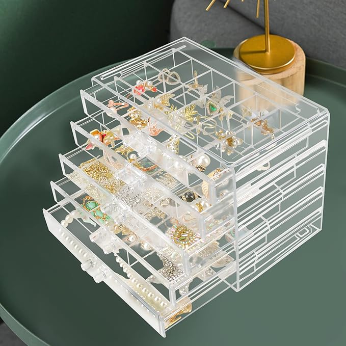 Weiai Clear Acrylic Jewelry Organizer, 90 Grids Adjustable Dividers Earrings Rings Storage Box