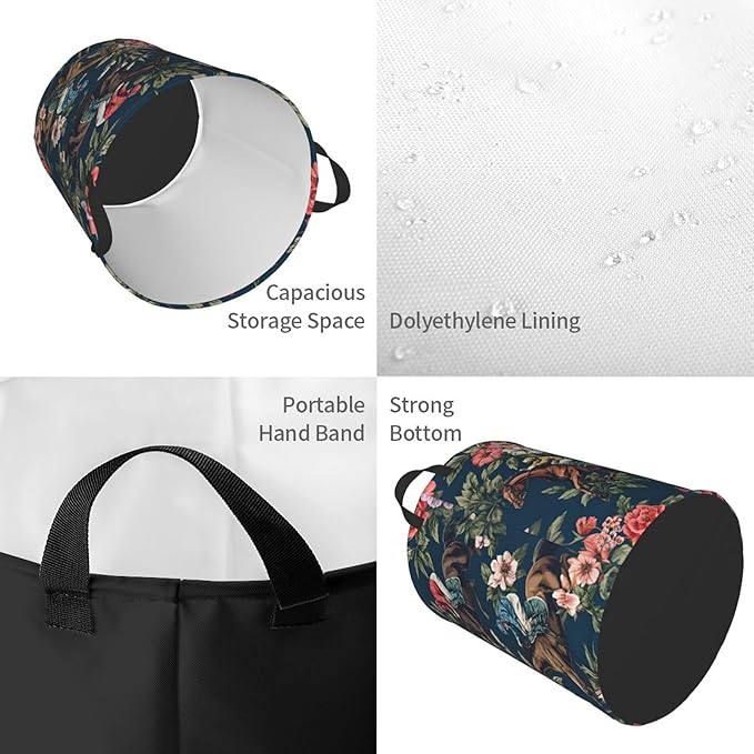 Large Laundry Basket with Handles, Horse Racing Floral Print, Navy Blue, 19.6x15.7 Inches, Collapsible Storage Bin (Horse Racing)